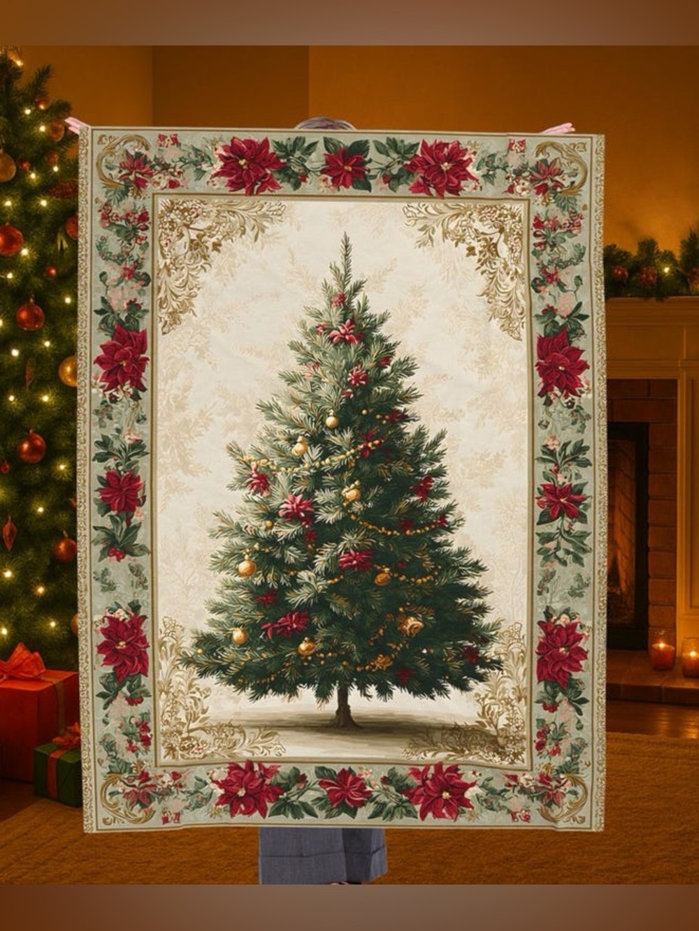 Holiday Poinsettia & Pine Tree Tapestry Throw - Red & Green